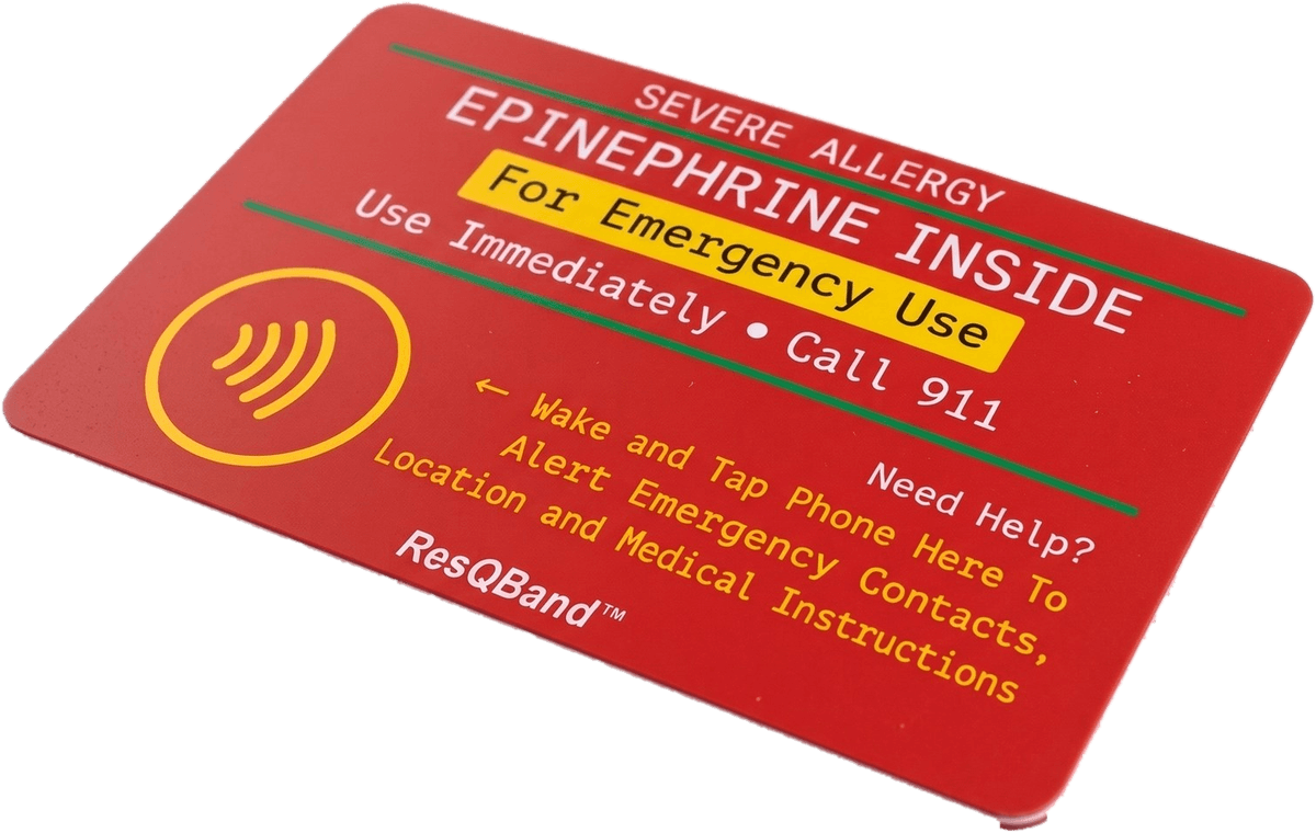 The red ResQBand Tap Card: severe allergy, epinephrine inside, for emergency use, use immediately, call 911, and the tap ring for phones