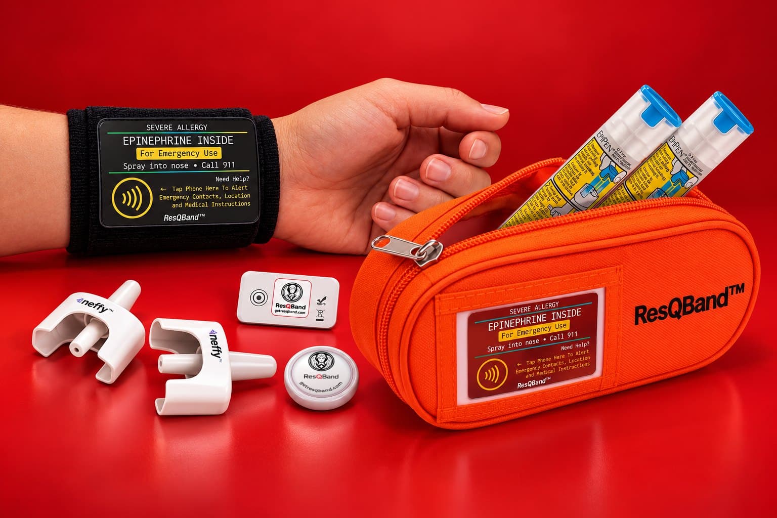 The ResQBand Epinephrine System: the Wrist Band with the black Tap Card, two neffy devices, the Temp-Alert Disc, the Forget-Me-Not Epi Tracker with the ResQBand label, and the Thermal Pack holding two EpiPens with a Tap Card in its sleeve
