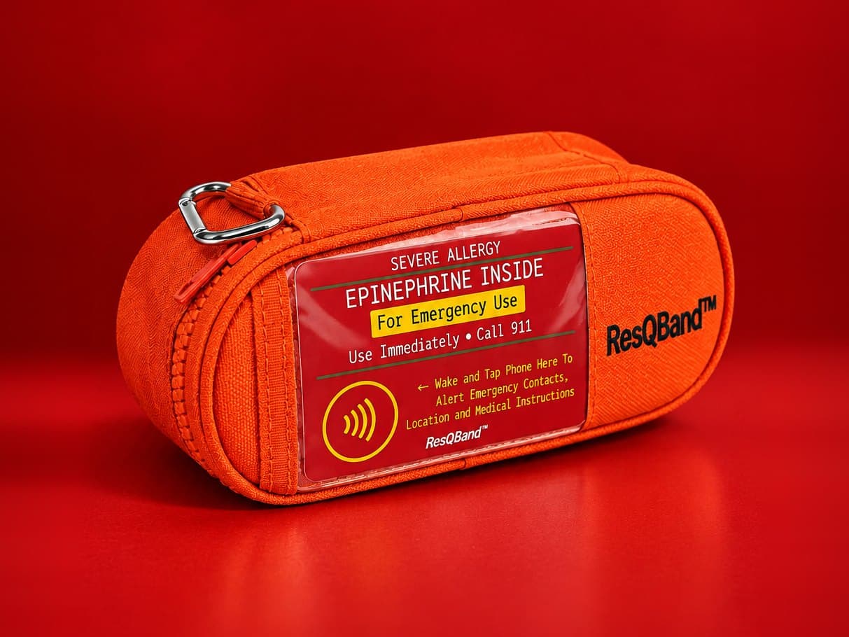 ResQBand Thermal Pack, rescue-orange insulated case with the red Tap Card in its front window, carabiner clip and wraparound zip