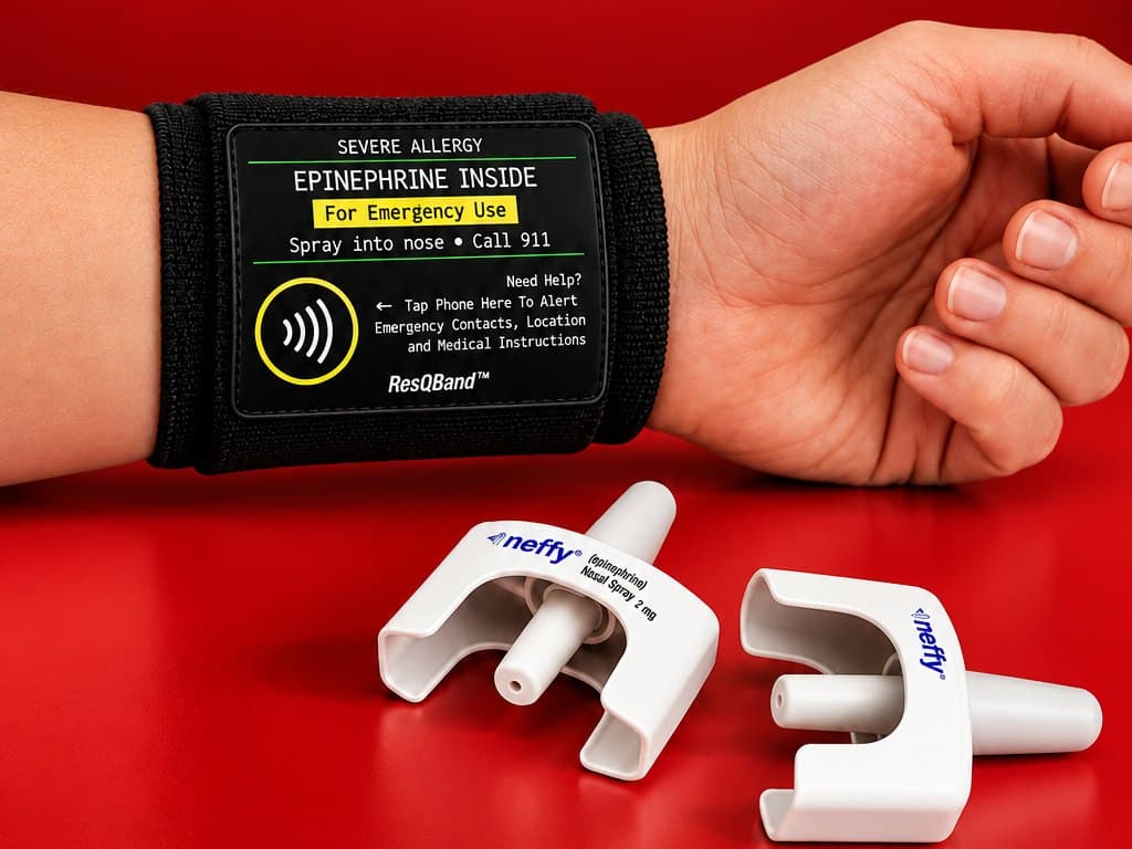 ResQBand Wrist Band worn on the wrist, the black Tap Card tappable in its window, with two neffy nasal spray devices